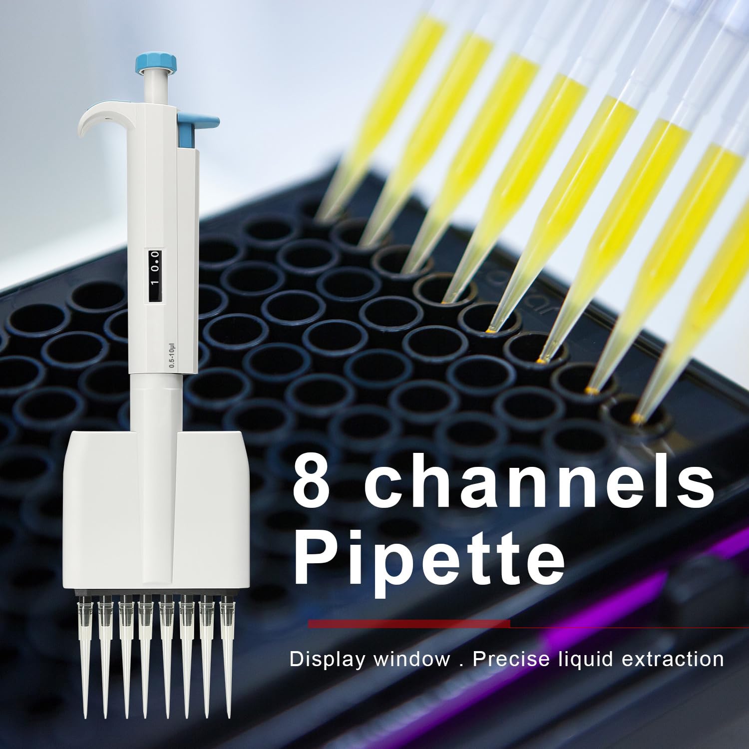 Adjustable Pipettor, 8-Channel Multichannel Lab Micropipette, 0.5-10uL Variable Volume Micropipette for Lab, School