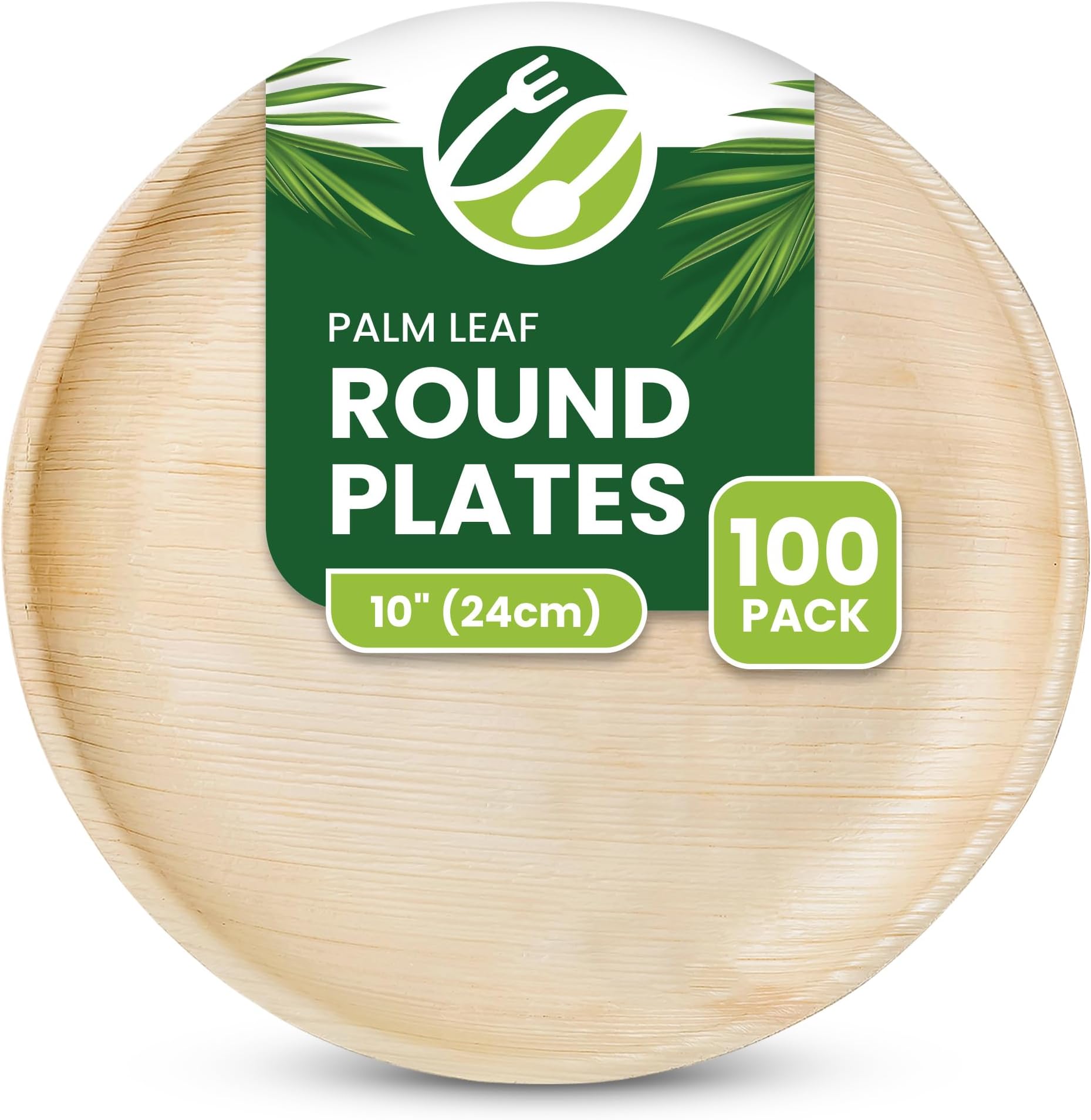 ECO Leaf 100 Disposable 10”(24cm) Palm Leaf Plates – Compostable, Biodegradable, Eco-Friendly, Microwave & Oven Safe, Strong for Hot Food, Large Round Premium Tableware