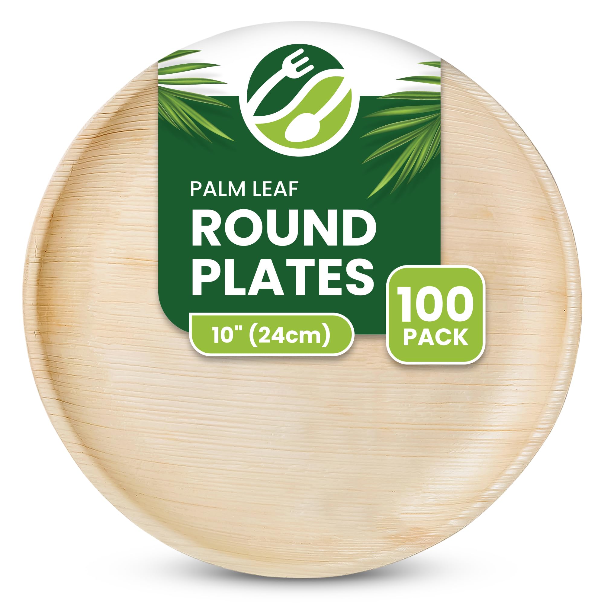 ECO Leaf 100 Disposable 10”(24cm) Palm Leaf Plates – Compostable, Biodegradable, Eco-Friendly, Microwave & Oven Safe, Strong for Hot Food, Large Round Premium Tableware