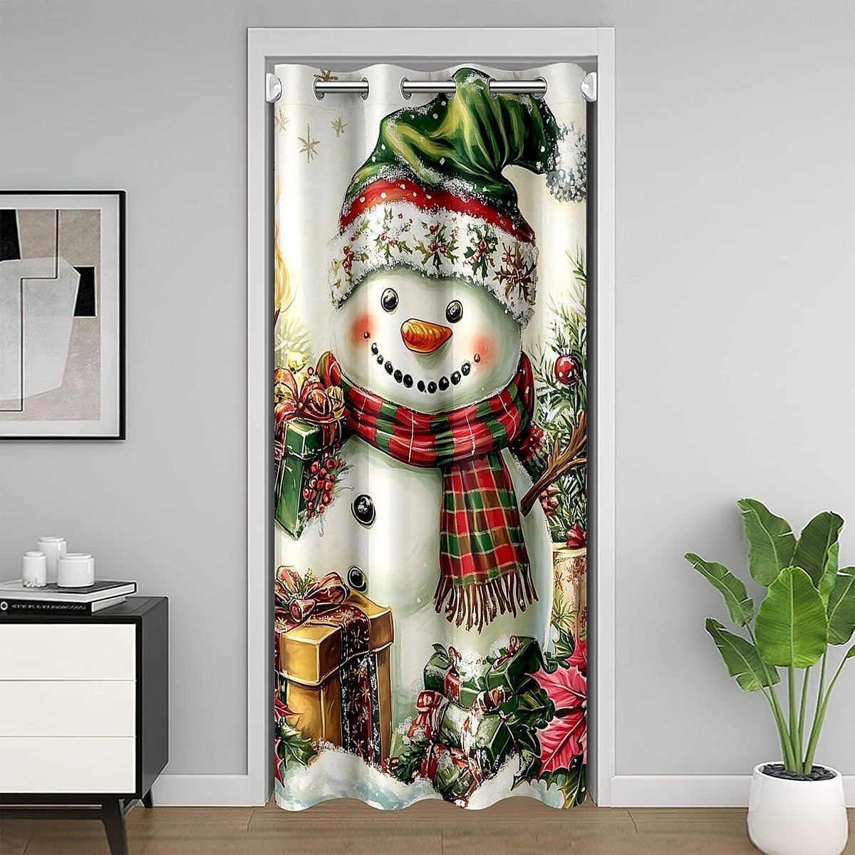Feelyou Snowman 30%-50% Blackout Curtain Merry Christmas Door Curtain for Doorway Privacy Xmas Theme Christmas Tree Branches Room Divider Curtain Cover 52"x84" Green Window Treatments