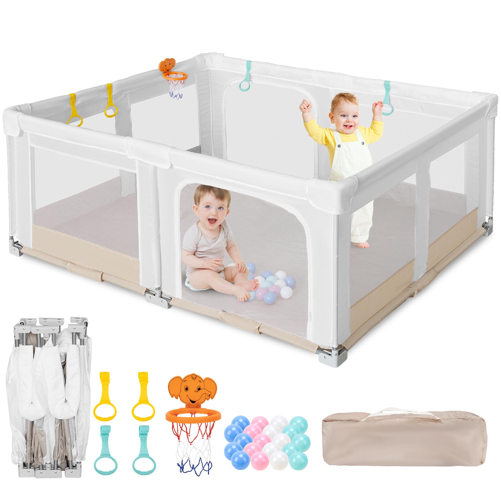 Grand Parc Pliable pour Bebe et Tout-petits:180x150x75cm pour l'intérieur et l'extérieur,Avec 20 Balles Océaniques,1 Panier de Basket,4 Poignées et 1 Sac de Transport - Espace de Jeu Idéal pour Enfant