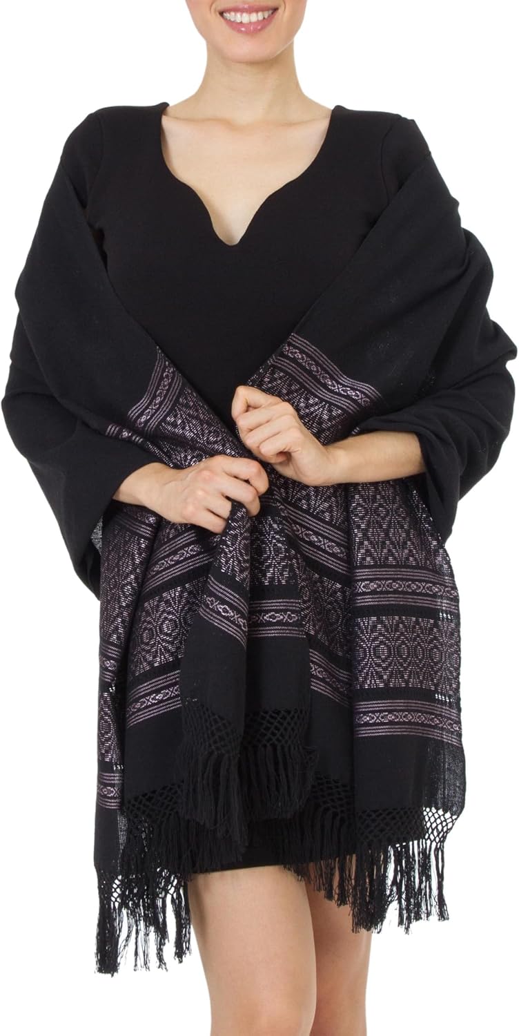 NOVICA Artisan Handmade Zapotec Cotton Rebozo Shawl Geometric Patterned Black Mexico Accessories Natural 'Black Zapotec Treasures'