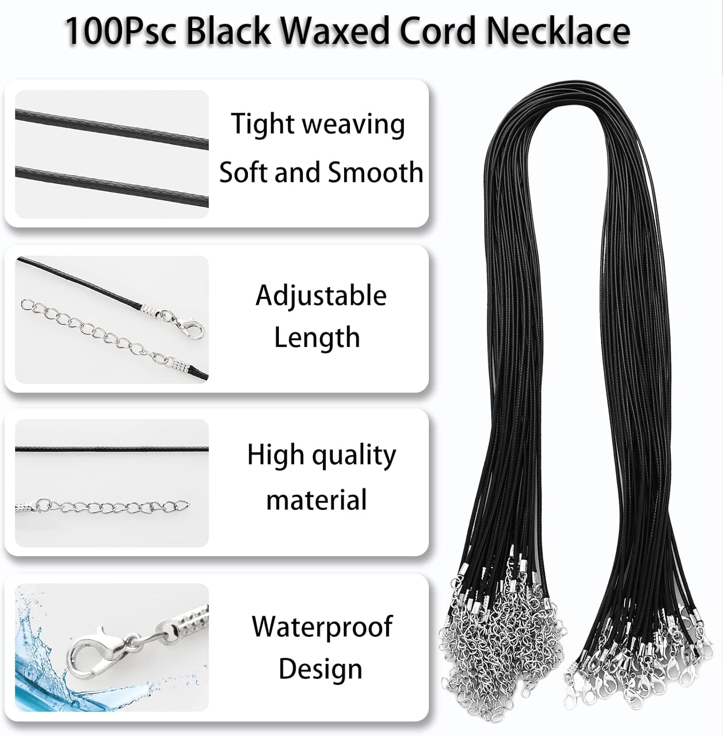 100 Pcs 20" 1.5mm Black Waxed Cord Necklace String Bracelet Faux Leather Chain Clasp Bulk for Jewelry Making Supplies Accessories - Image 2