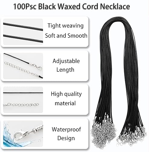 Miniatura 2 de 100 unidades de collar de cordón encerado negro de 20 pulgadas y 0.059 in de cadena de cuero sintético, cierre de cadena a granel para fabricación