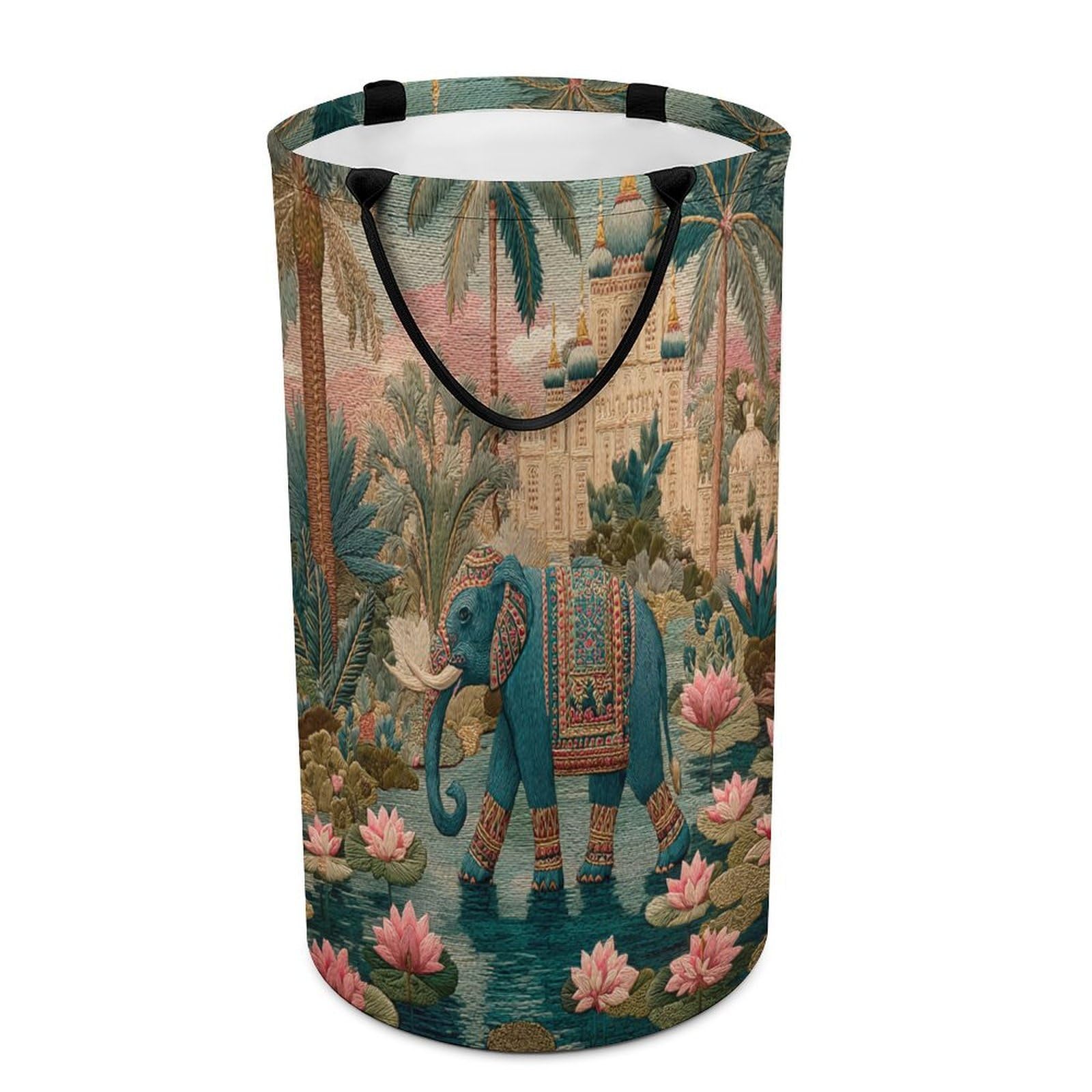 LUYYSKY Boho Aesthetic Indian Elephant Collapsible Dirty Clothes Basket, Rustic Vintage Castle Animal Elephant Lotus Flowers Palm Tree Portable Clothes Storage Laundry Basket-40 CM Dia, 69 CM High