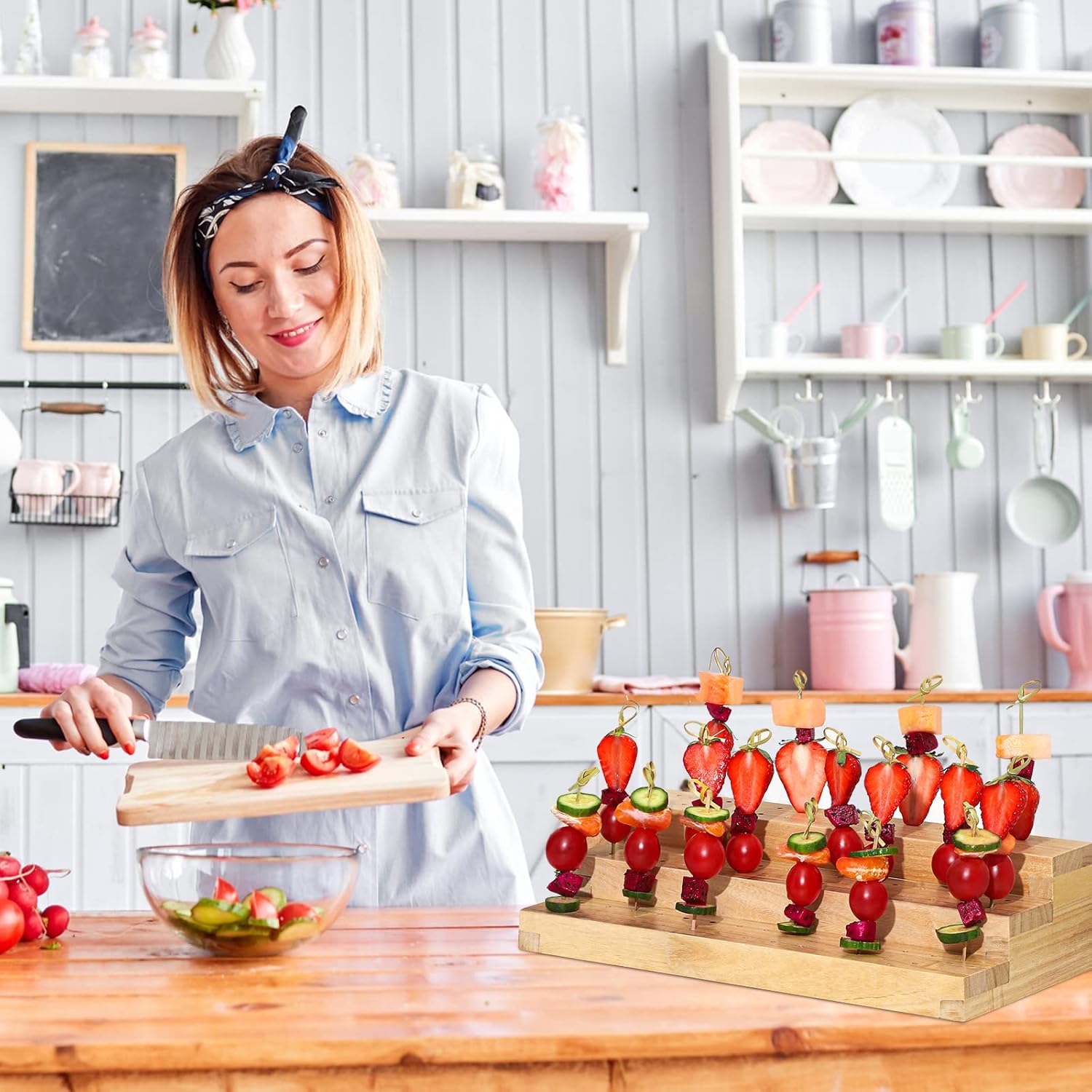 Food Skewer Holder Wooden Pick Stand Catering Supplies Buffet Display Board with Holes Rectangular Appetizer Skewers Tray Multi Level Food Display Stands for Party Cocktail Pick Stand (3 Tier)