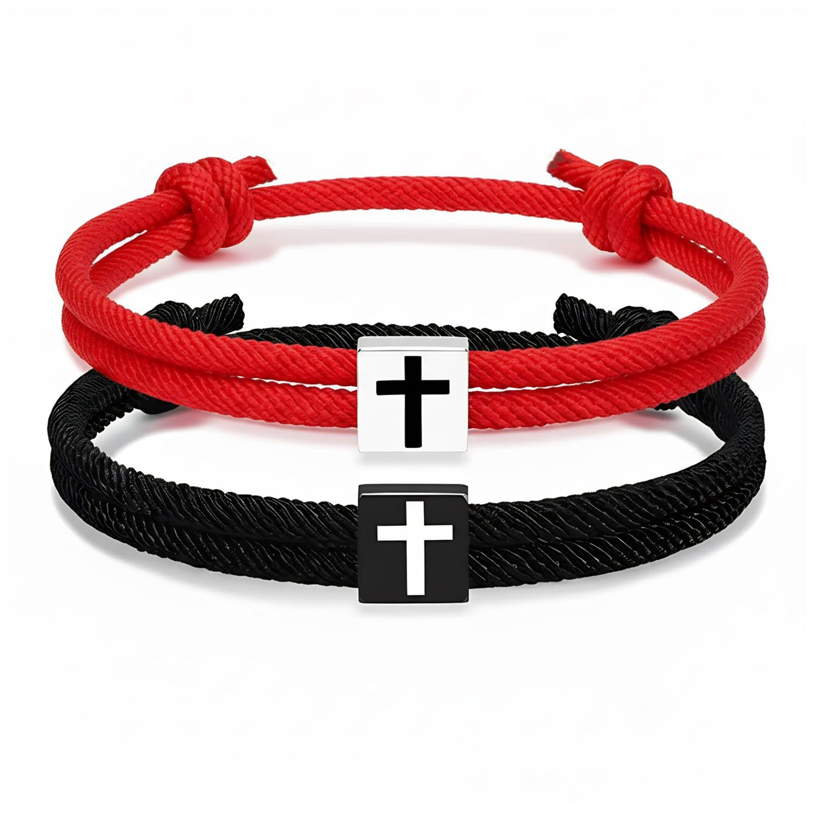 Maxtonser Pack of 2 Braided Rope Bracelets with Crosses Charm Adjustable for Comfortable Wrist Fit Symbol