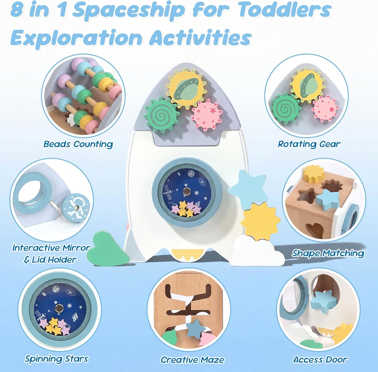 Wooden Space Toys for Baby, Wood Activity Cube Montessori Toys for 1 2 3 Years Old Boys Girls Birthday Gifts