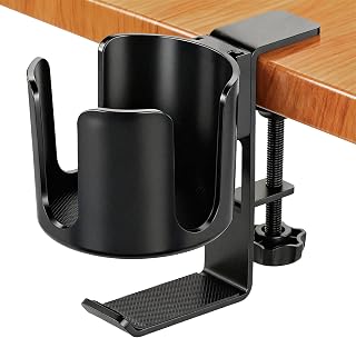 Desk Cup Holder Clamp with Headset Hook, Anti-Spill Water Bottle Stand Clip On Table Edge or Chair Armrests, Office Accessories for Coffee Drink Mug Bottles