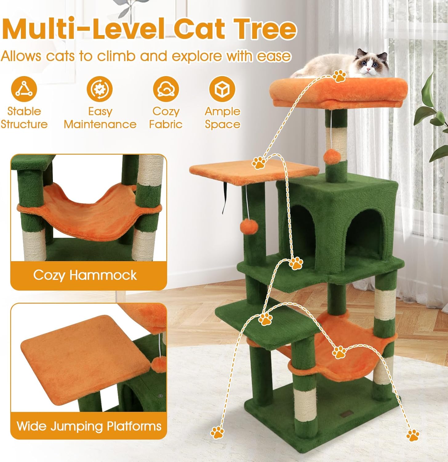 PETSITE Multi-Level Cat Tree, 44 Inches Tall with Sisal Scratching Posts, Double-Entry Condo, Hammock, Dangling Balls, and Cozy Top Perch, Ideal for Indoor Cats to Play and Rest (Green)