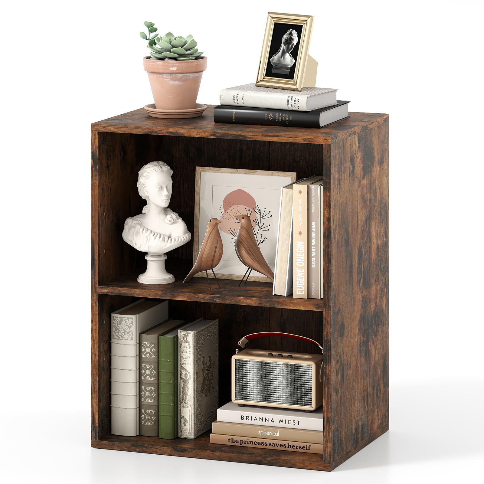 COSTWAY 2/3-Tier Cube Bookcase, Wooden Storage Bookshelf Open Shelving Unit with Adjustable Shelves, Cube Storage Cabinet Organizer for Living Room Bedroom Office (Rustic Brown, 42 x 29.5 x 53.5 cm)