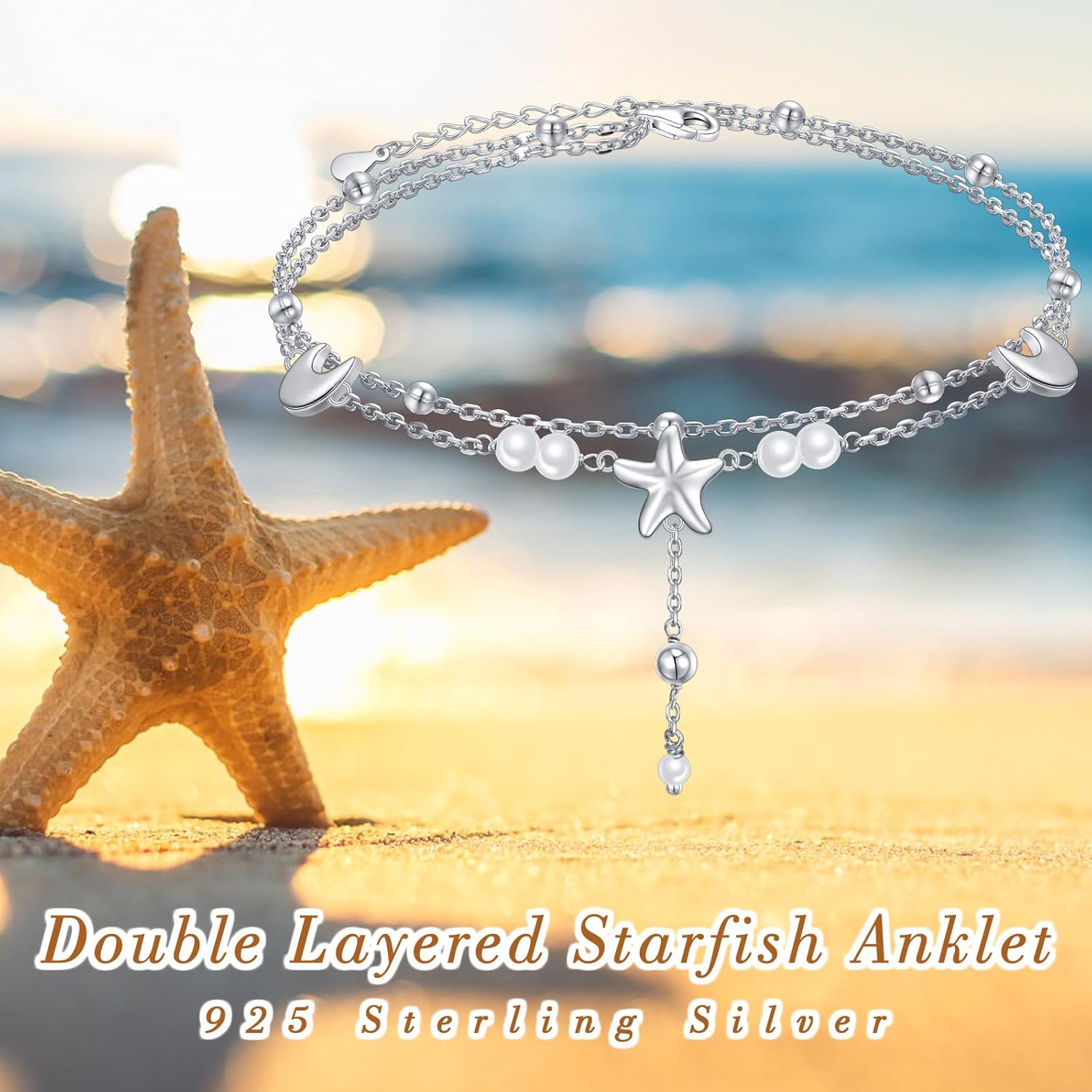 Anklets for Women 925 Sterling Silver Double Layered Beaded Anklet Bracelets Sea Turtle/Starfish/Sea Wave Adjustable Chain Summer Beach Jewelry for Wife Girlfriend Mom Mothers Day Birthday Vacation - Image 6