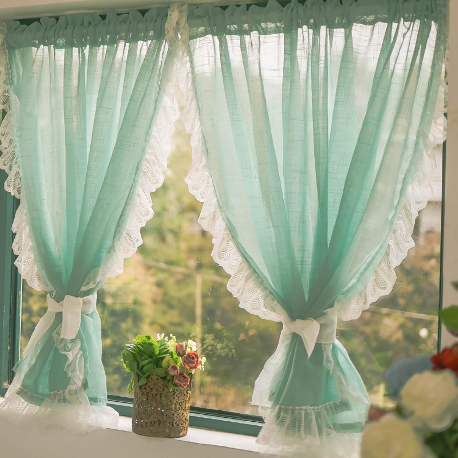 カフェカーテン 小窓用 カーテン キッチン レースカフェカーテン 0 150cm 喫茶店 洗面所 出窓 おしゃれ パウダールーム 間仕切り 飾り チュール 無地 モダン ライトグリーン インテリア 目隠し トイレ のれん シンプル 簡約 一流の品質