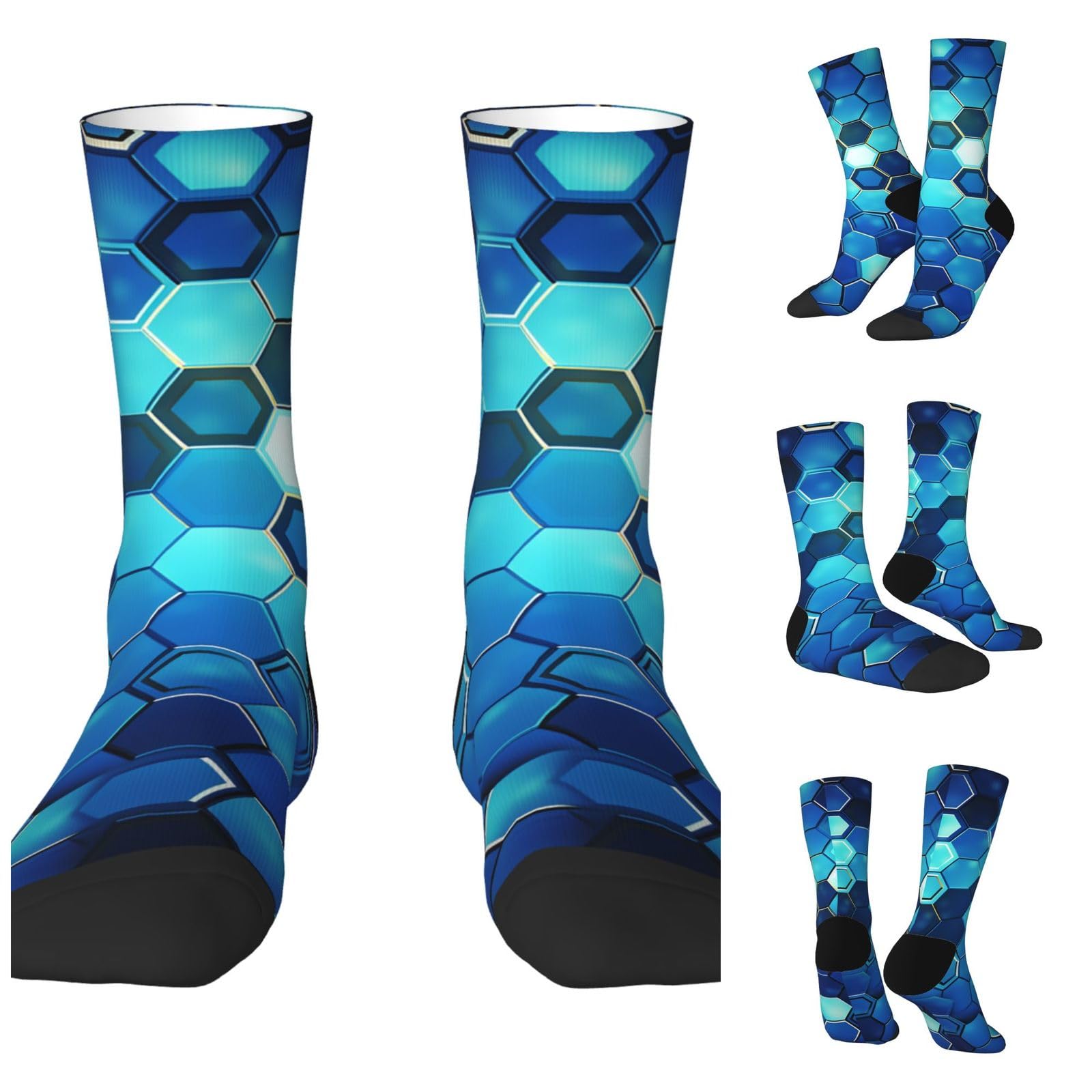 LZQPOEAS Blue hexagon Athletic Socks Unisex Cushioned Crew Socks Hiking Running Calf Sock Soft Above Ankle Sock