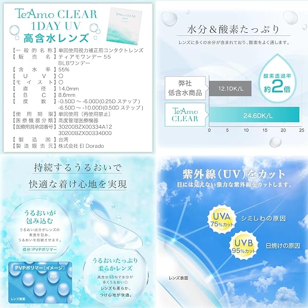 TeAmo 1DAY CLEAR 低含水 【30枚×1箱】 1日使い捨て コンタクト 【BC】 8.6 【PWR】 -2.50 - 2