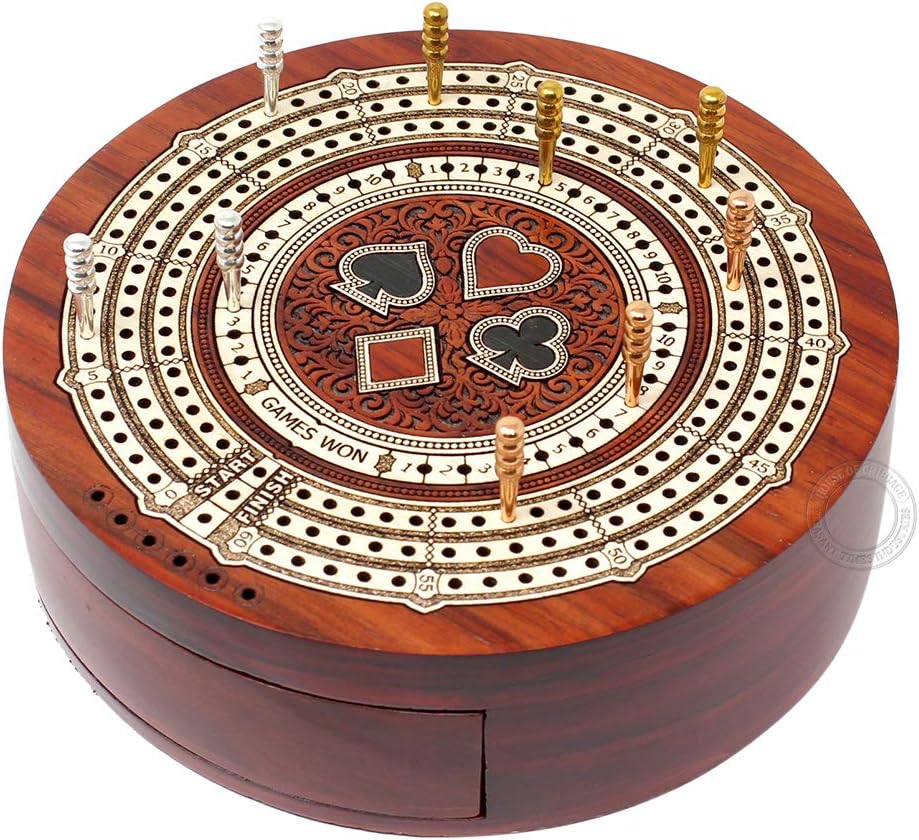 House of Cribbage - Round Shape 3 Track Non-Continuous Cribbage Board - Push Drawer Storage for Pegs and 1 Deck of Cards with Score Marking Fields for Won Games (Bloodwood/Maple Wood)