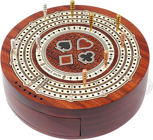 Miniatura 2 de House of Cribbage - Tabla de cuna no continua de 3 pistas de forma redonda - Cajón de almacenamiento para clavijas y 1 baraja de cartas con campos