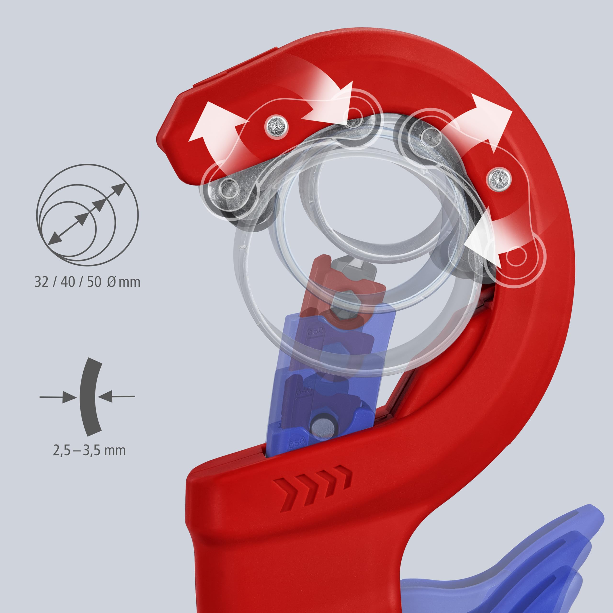 KNIPEX DPT50 Coupe-tube pour tubes en plastique à parois épaisses, également à âme expansée Découpe et chanfreinage en une seule étape, 90 23 02 BK