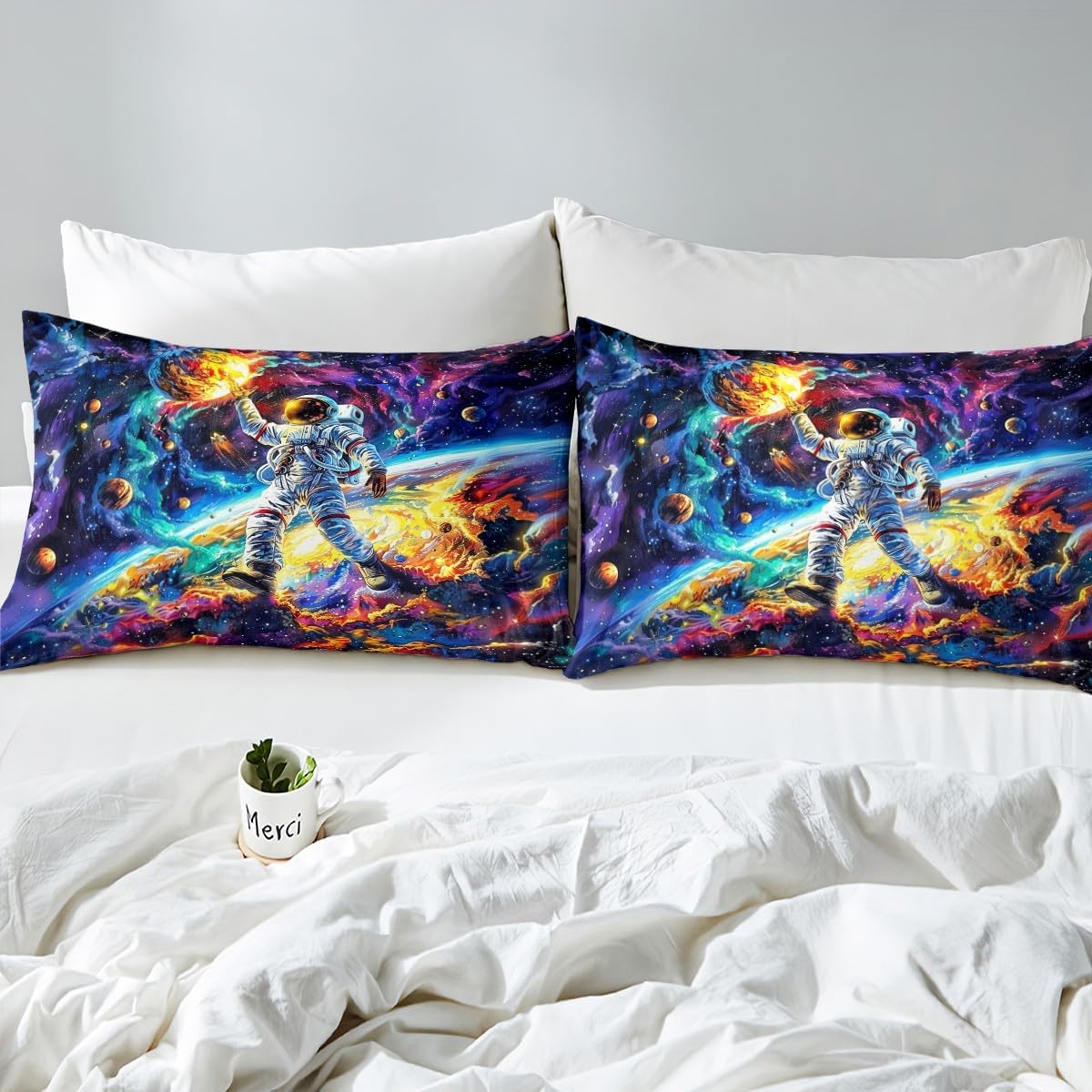 Colorful Astronaut Fitted Sheet Outer Space Tie Dye Themed Bed Sheets Twin for Kids Boys Girls Galaxy Trippy Universe Sheets Glitter Plant Interstellar Bedding Set,Room Decor