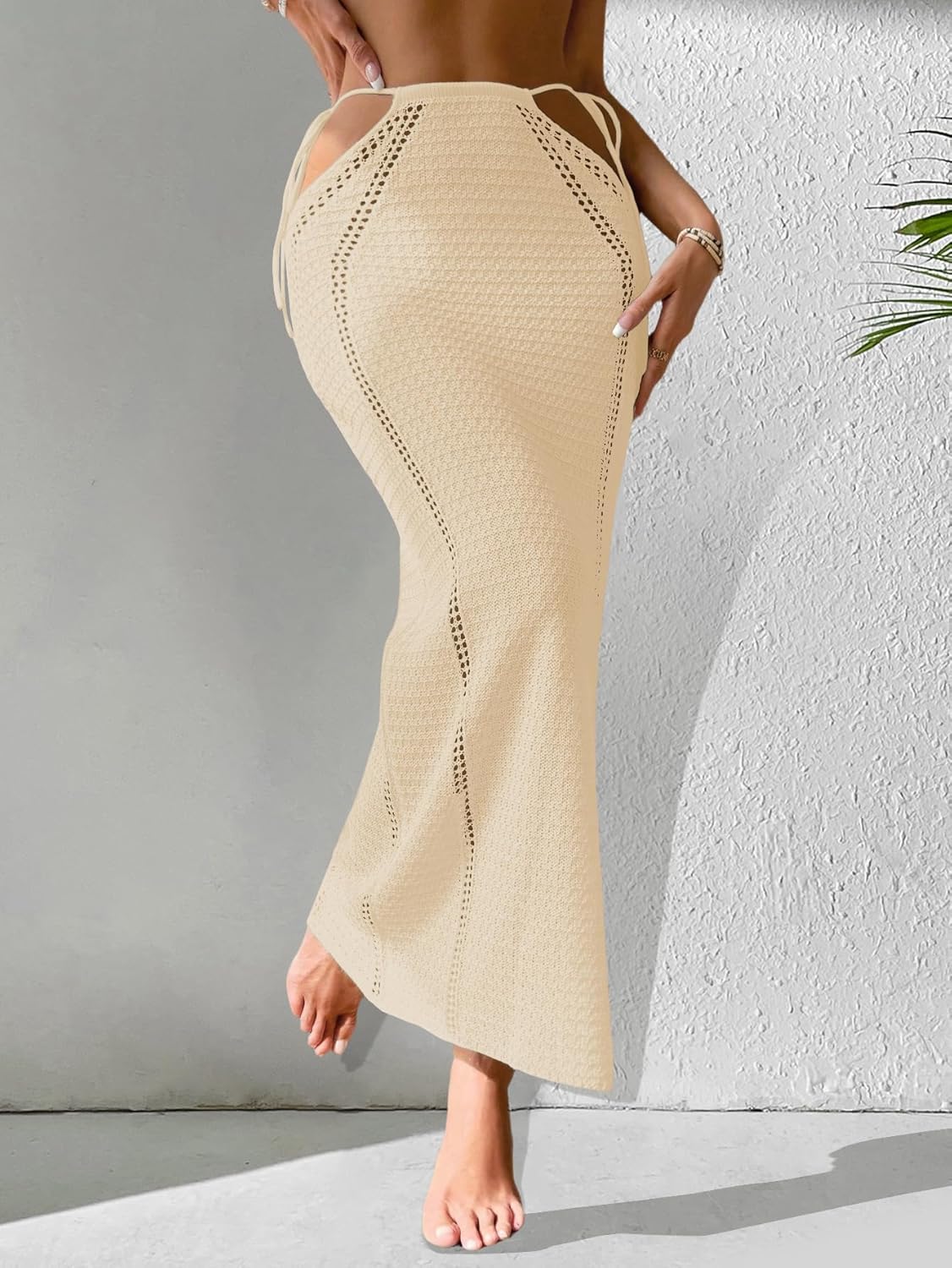 Womens Crochet Knit Slim Fit Beach Sarong Summer 2025 Waist Tie Hollow Out Bathing Suit Cover Up Maxi Skirt - Image 4