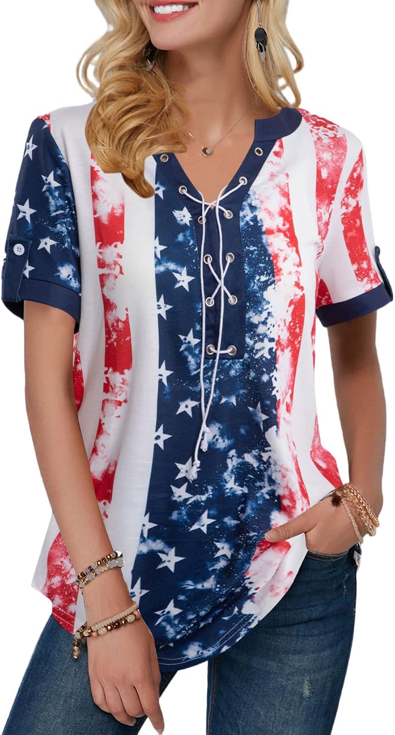 VILOVE American Flag Shirt Tops Women 4th of July T-Shirts Ring Hole Star Stripes USA Short Sleeve V-Neck Patriotic Tees