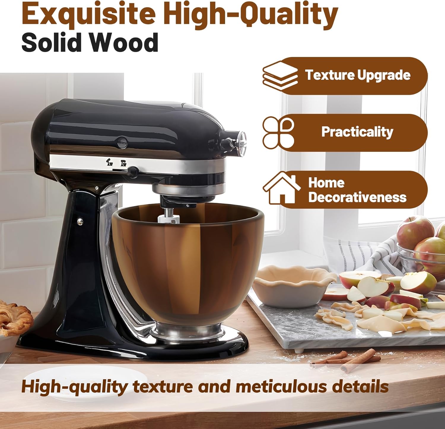 Premium Solid Wood Mixed Bowl Compatible with KitchenAid 4.5 & 5 QT Tilt-Head Models,Made from Natural Food-Grade Wood with Stainless Steel Locking Base | 5QT