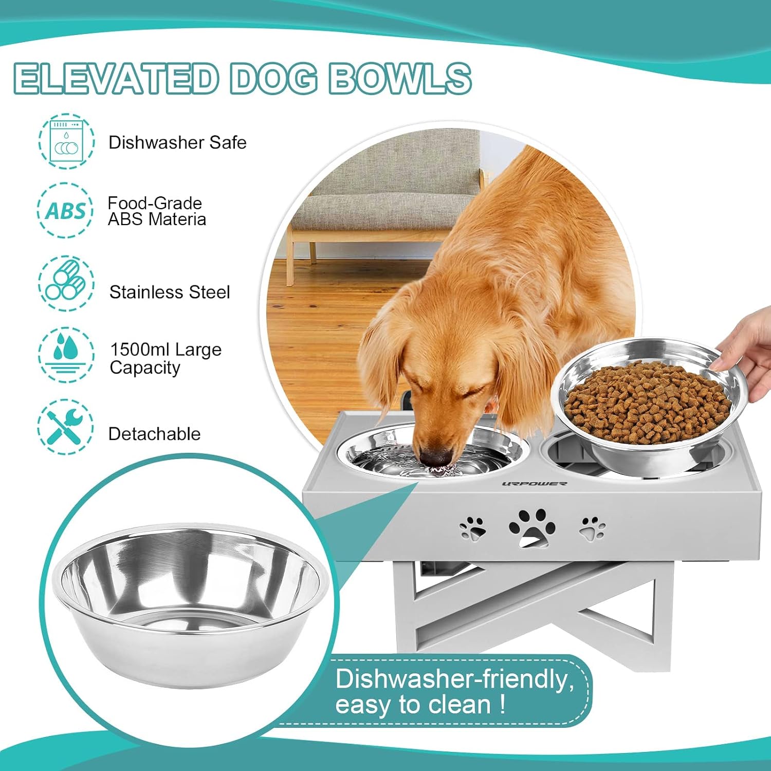 URPOWER Elevated Dog Bowls Adjustable Raised Dog Bowl with 2 Stainless Steel 1.5L Dog Food Bowls Stand Non-Slip No Spill Dog Dish Adjusts to 3 Heights 2.8”, 8”, 12”for Small Medium Large Dogs & Cats