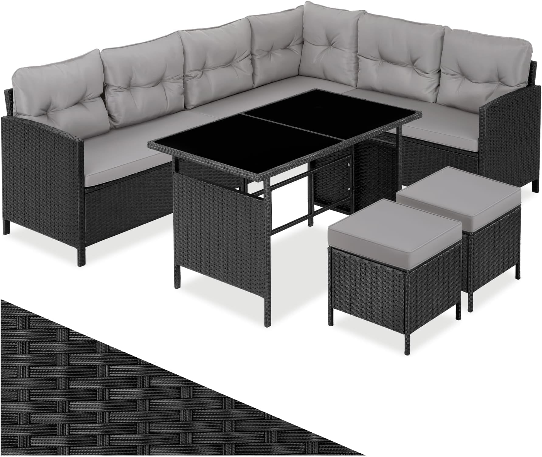 tectake® 8-Seater Rattan Garden Furniture Set - Modular Garden Sofa, Glass-Top Dining Table, 2 Stools & Cushions - Outdoor Furniture Set with UV-Resistant Polyrattan & Steel Frame - Black/Grey