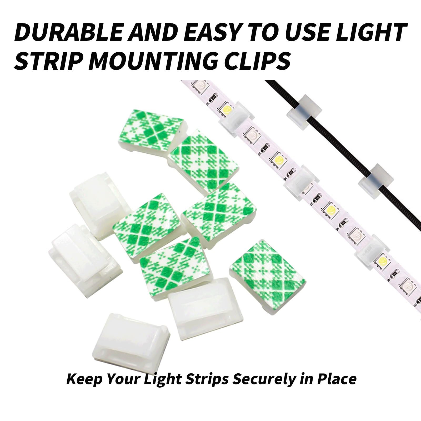 YAFIYGI 120 PCS LED Light Strip Mounting Clips for Wall Self Adhesive Strip Brackets Holder Fasteners for 8 mm Wide Light Strip Cable Holder and Organizer with Strong Led Light Hooks