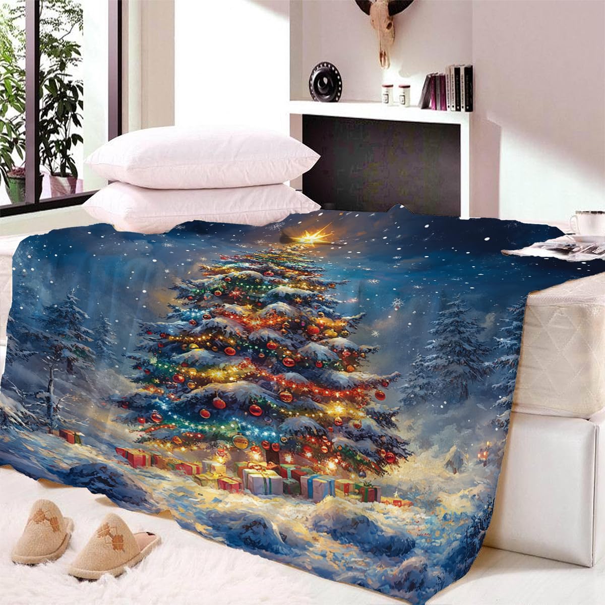 Coperta Pile Sherpa Scena Di Neve Plaid Matrimoniale per Letto E Divano Doppio Strato - Extra Morbida Calda in Microfibra,Regalo Bambini e Adulti