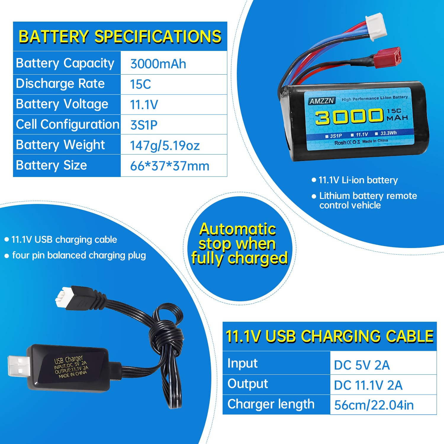 11.1V 3000mAh 15C 3S T-plug batteria agli ioni di litio con caricatore USB, adatto per R608 2104 barca brushless telecomando, 210E 200E auto brushless telecomando