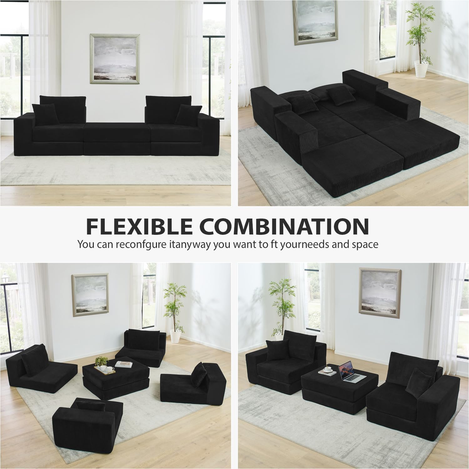80" Modular Sectional Sofa Bed Corduroy Black No Assembly