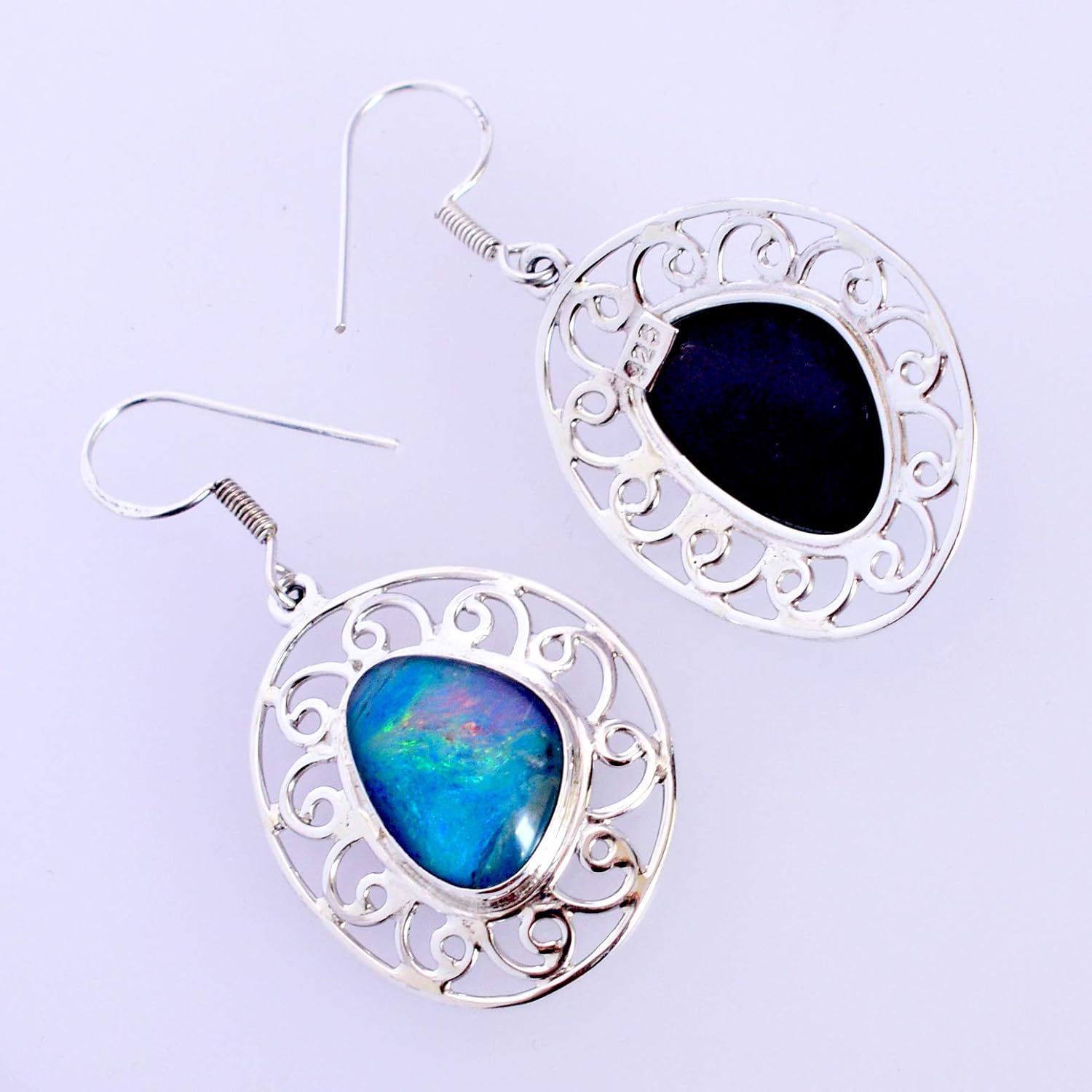 Natural Triplet Fire Opal Earrings in 925 Sterling Silver – Multicolor Fancy Cabochon Gemstone Jewelry, White Rhodium Plated Handmade Drop Dangle with Ear Wire Clasp, 7.8g Lightweight Gift