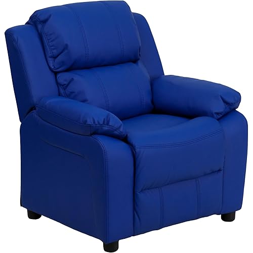 Flash Furniture Charlie Vinyl Kids Recliner with Flip-Up Storage Arms and Safety Recline, Contemporary Reclining Chair for Kids, Supports up to 90 lbs., Blue