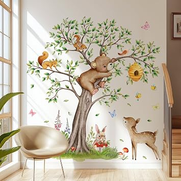 Woodland Animals Tree Wall Stickers DIY Giant Tree Wall Decals Peel and Stick Forest Wall Stickers for Baby Nursery Kids Bedroom Toddler Room Wall Decor