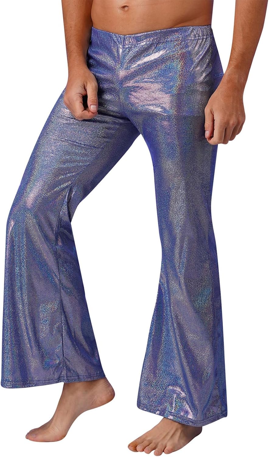 Men's Men's Shiny Metallic Long Pants Bell Bottom Flared Trousers for Night Club Disco Performance