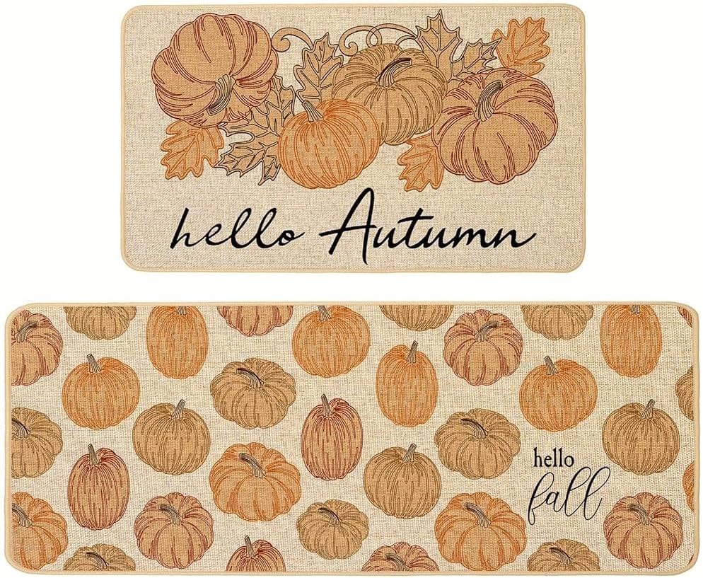 Baccessor Pumpkin Fall Kitchen Mats Set of 2, Hello Autumn Kitchen Rugs for Floor Low-Profile Farmhouse Fall Thanksgiving Home Decor 17x29 and 17x47 Inch