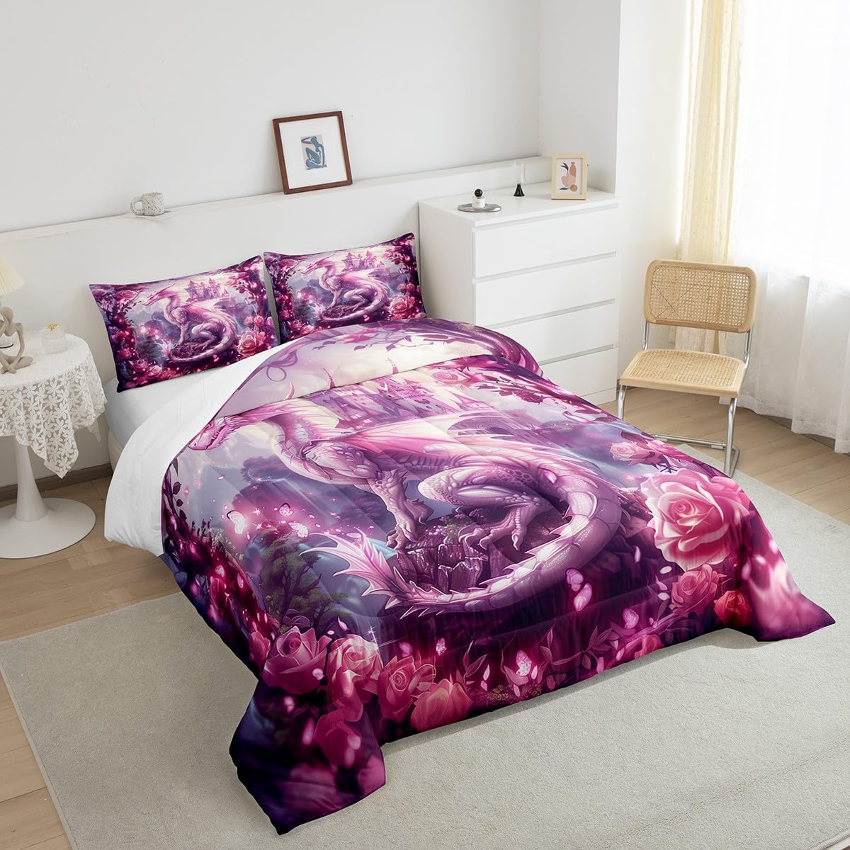 Dragon Kids Comforter Set Queen Size,Tale Castle Dragon Theme Bedding Set,Girls Boys Room Decor,Roses Flowers Butterfly Romantic Down Comforter,Pink Dreamy Duvet Insert,2 Pillowcases
