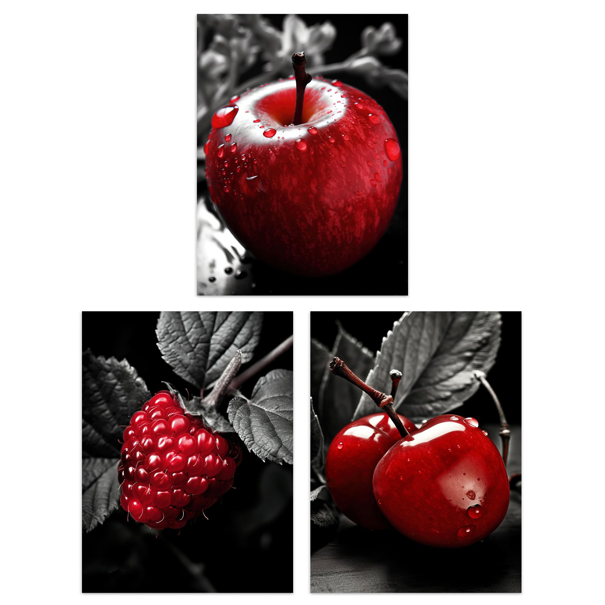 Artery8 Vibrant Red Produce B - Set Of 3 Set Of 3 Red Apple Raspberry Cherry On Black And White Photograph Kitchen Artwork Unframed Wall Art Living Room Poster Prints Pack