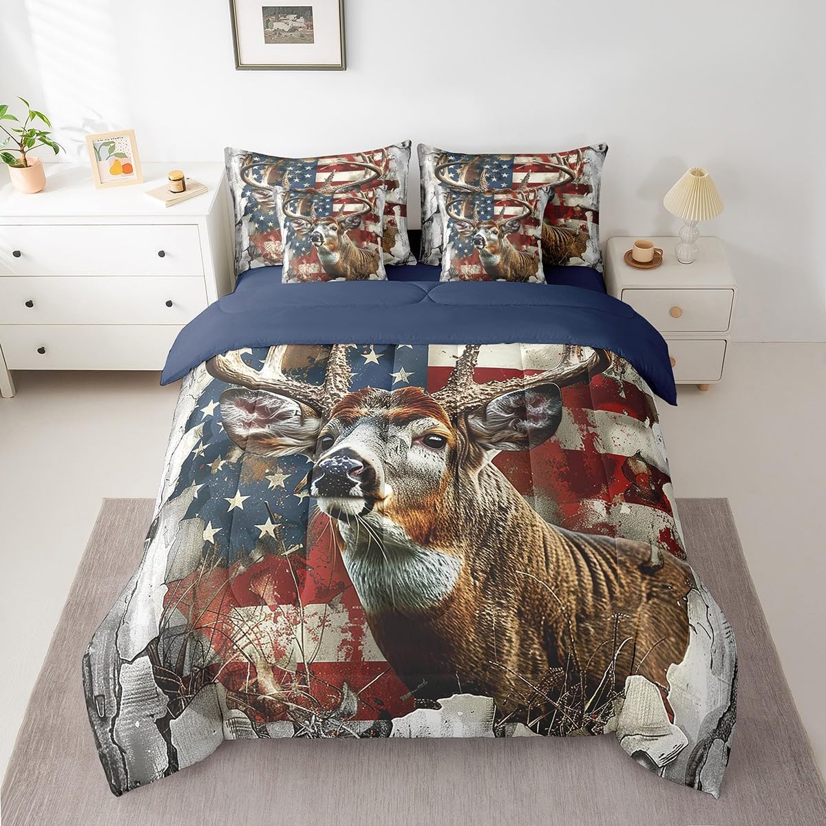 Feelyou Deer Comforter Set Full 7 Pcs Anlter Hunting Boys Girls American Flag Bedding Set Western Woodland Farmhouse Farm Wild Animal Bed in a Bag with Comforter, Sheets, Pillowcases & Cushion Cover
