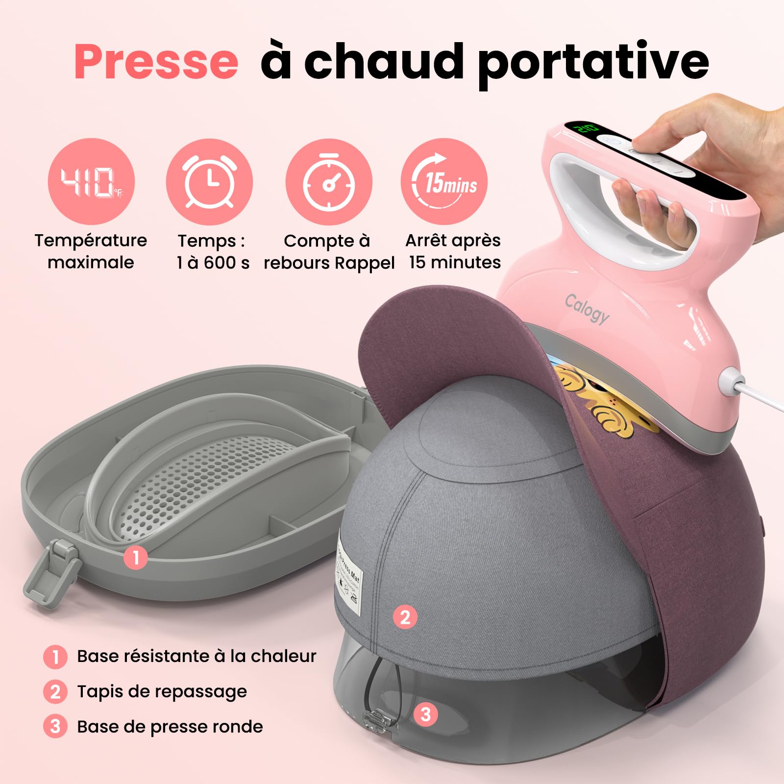 Calogy Mini presse à chaud pour chapeaux, compte à rebours température maximale de 210 ℃ avec base de presse ronde, machine de transfert de chaleur pour casquettes, bavoirs, snapbacks, bonnets (Rose)