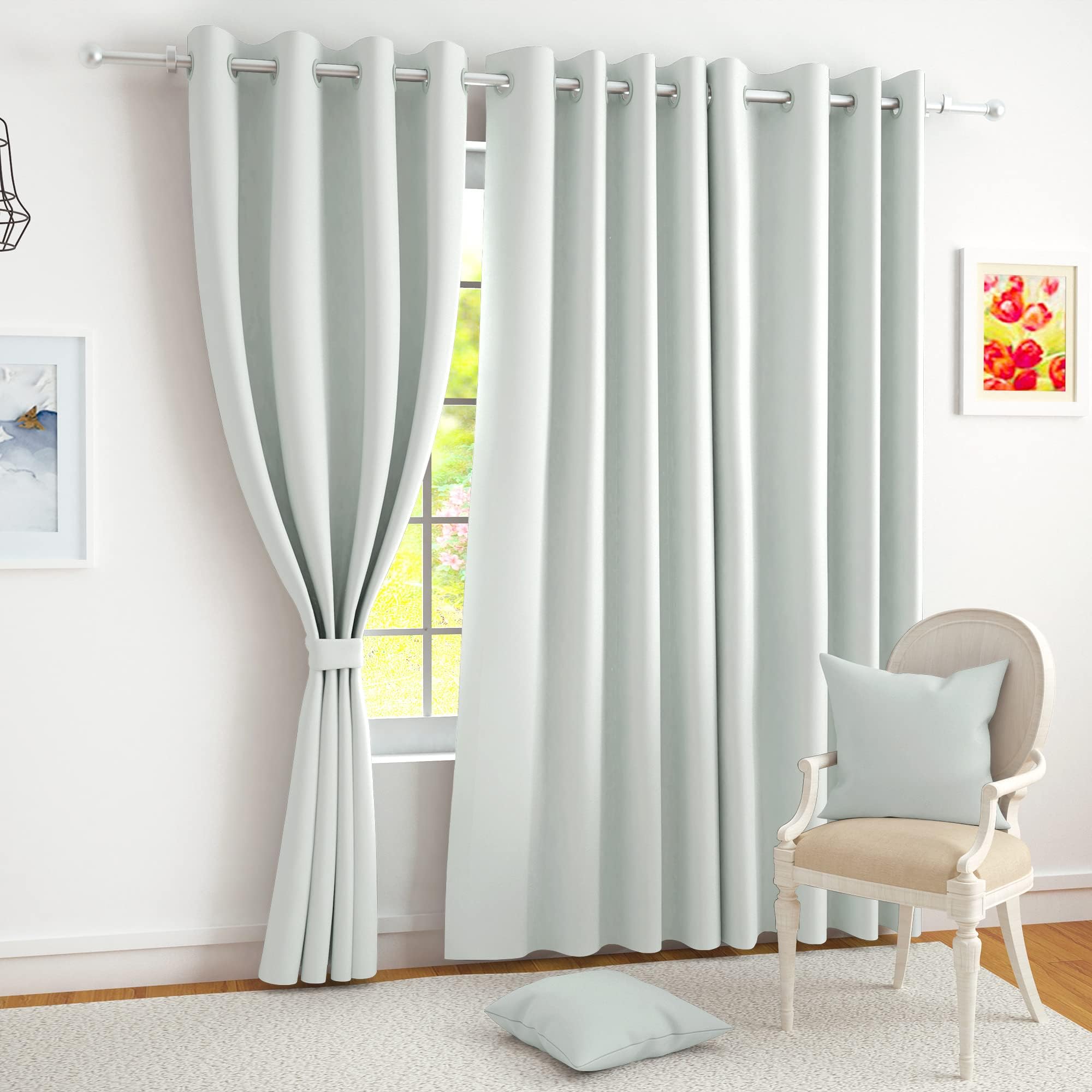152 CM Premium Faux Silk Solid Pattern 100% Blackout Grommet Window Curtain, Grey, Pack Of 2