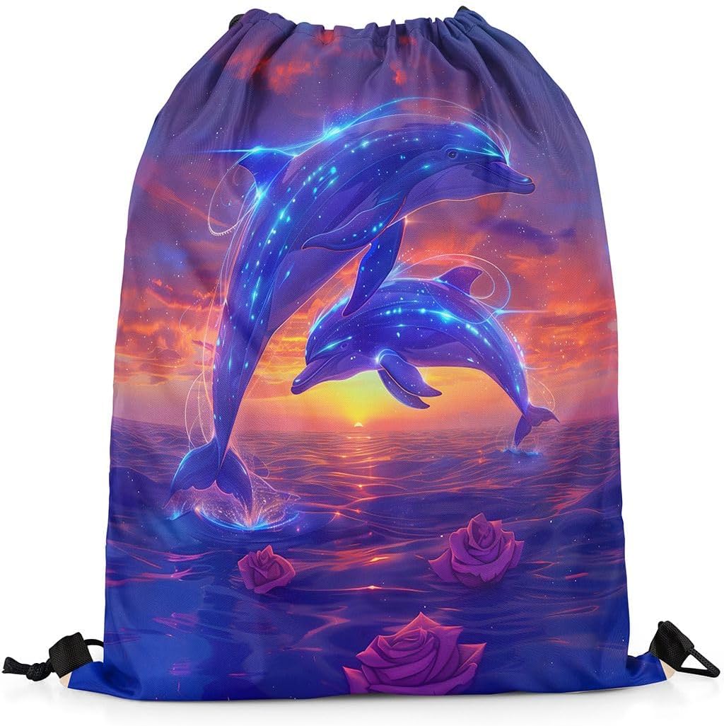 Manfei Dolphin Fantasy Sunset Rose Drawstring Bag