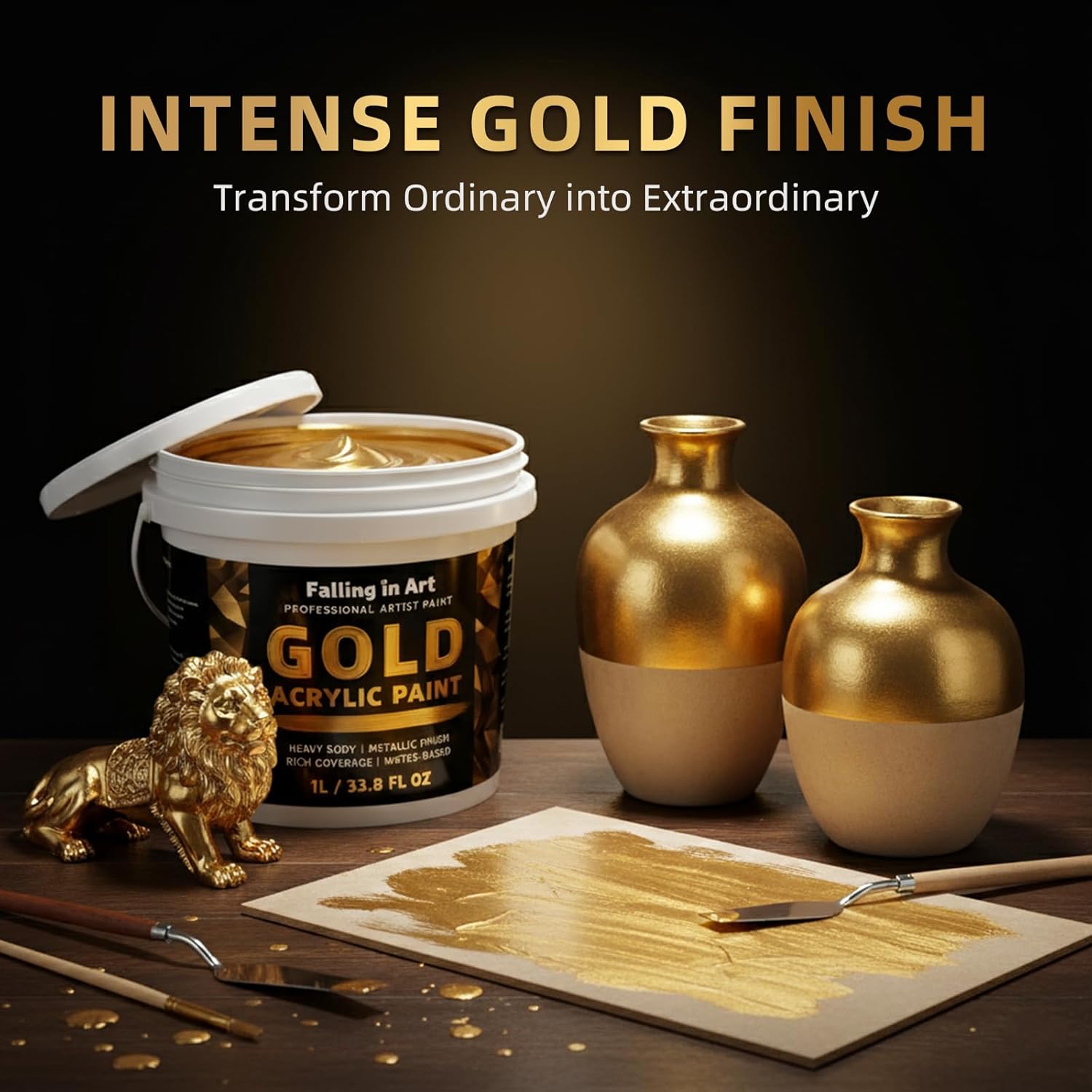 Falling in Art Gold Metallic Acrylic Paint, 33.8 Oz Heavy Body Gold Leaf Paint, Non-Toxic Art Paints for Metal, Furniture, Canvas, and DIY Crafts
