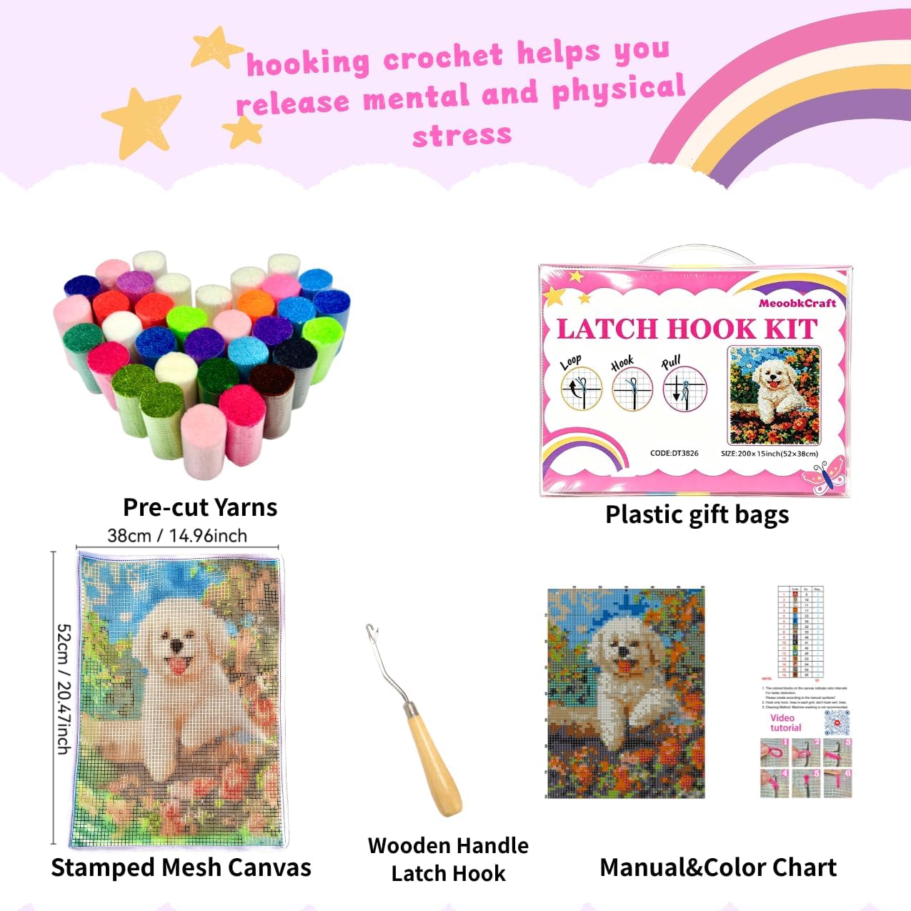 MeoobkCraft Latch Hook Kits for Adults Beginners, Pre-Printed Cute Dog Floral Latch Hook Rug Kit, DIY Garden Puppy Rug Craft Kit for Home Decor 20.47 x 14.96 in image 4