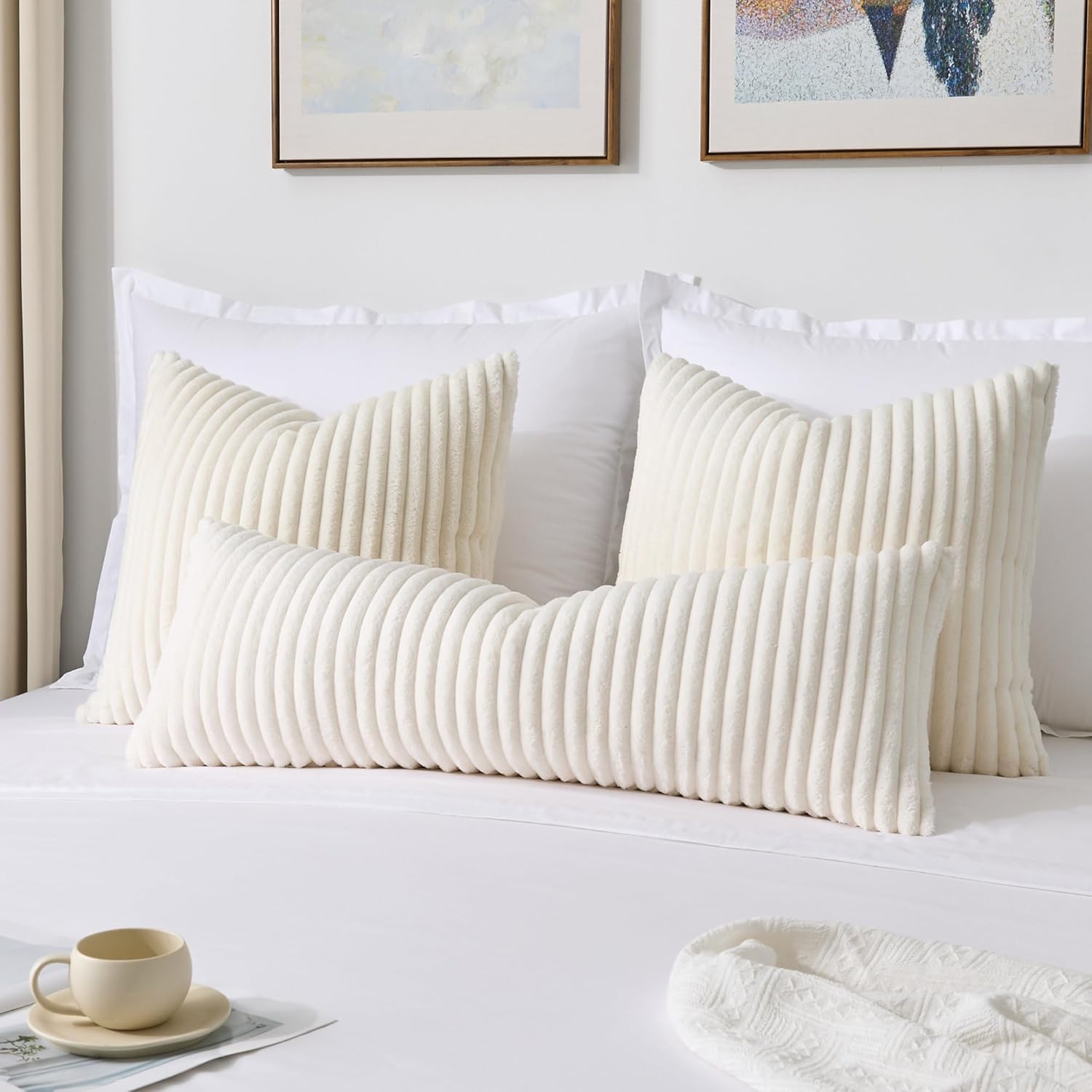 Kevin Textile Soft Plush 14x36 Inch Long Lumbar Pillow Cover 1 Pack, Luxury Fluffy Faux Fur Striped Flannel Rectangle Body Cushion Case for Couch Sofa Chair Bed Home Decor, Cream White