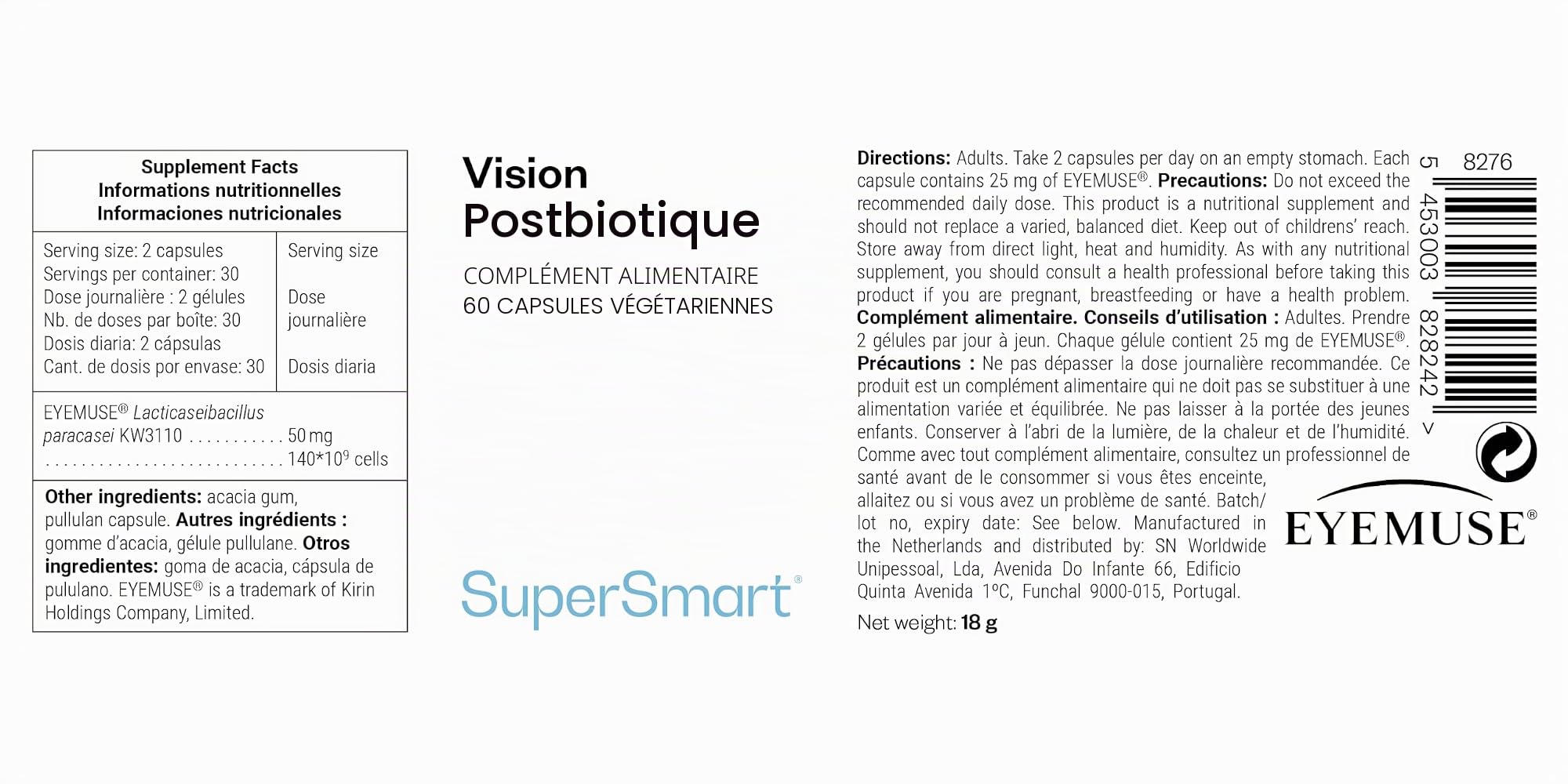 Postbiotique pour la Vision Breveté - Vegan - Sans excipients - SuperSmart | Lutte contre la Fatigue Visuelle - Protection des yeux de la lumière bleu - Soutenu par des études scientifiques
