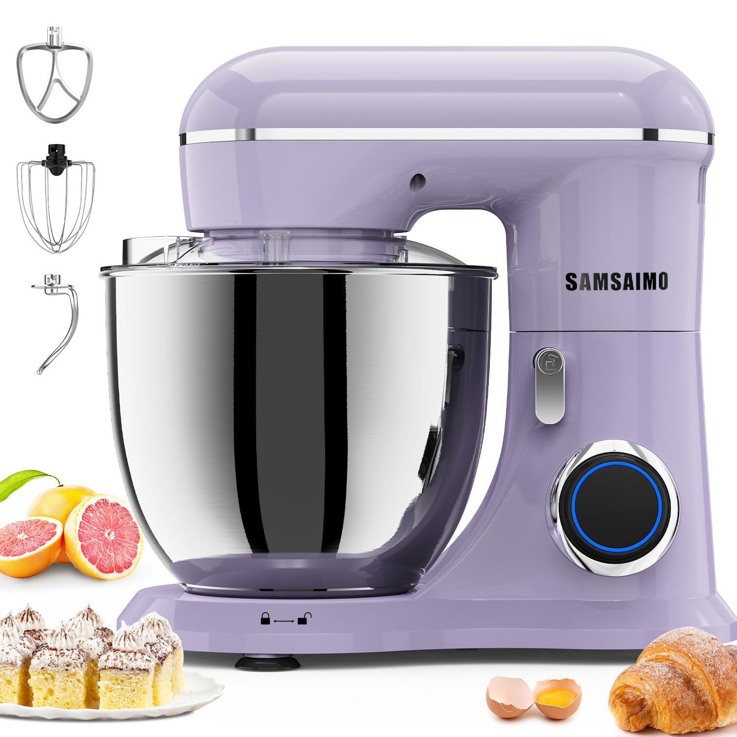 SAMSAIMO 3-IN-1 Electric Stand Mixer, 660W 10-Speed With Pulse Button, Attachments include 6.5QT Bowl, Dough Hook, Beater, Whisk for Most Home Cooks, Vine Purple