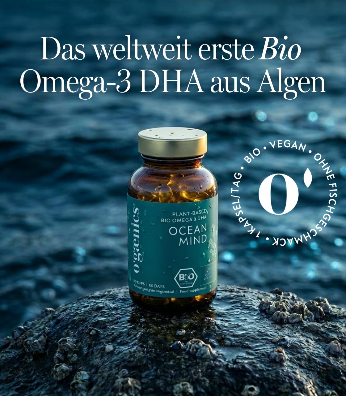 Ogaenics OCEAN MIND Bio Omega 3 DHA Kapseln aus Algen – 250 mg DHA pro Kapsel – veganes Algenöl als Alternative zu Fischöl – für Gehirn, Sehkraft, Schwangerschaft und Stillzeit - 60 Kapseln