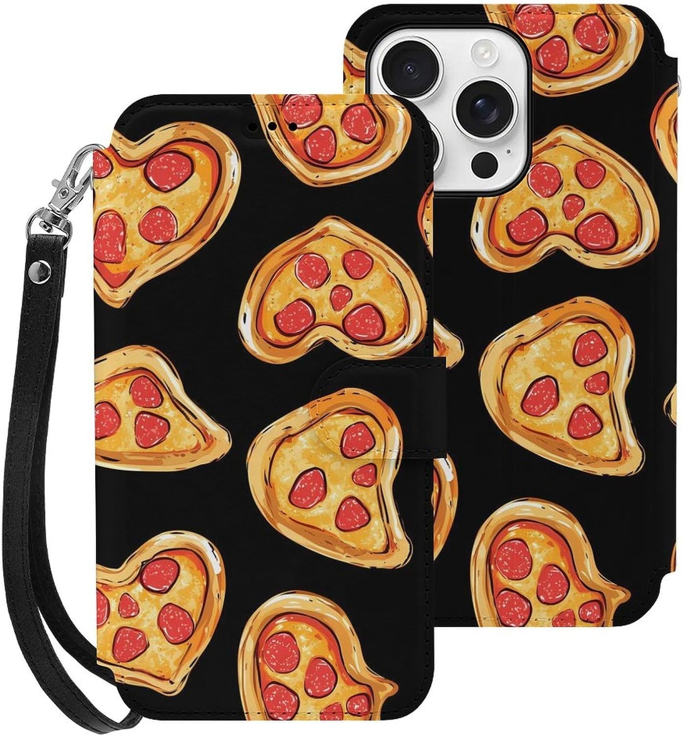 Heart Pizza Slices Compatible with iPhone 16/16 Plus/16 Pro/16 Pro Max/16 E Case Phone Wallet Card Holder Flip Cover with Wrist Strap